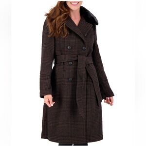 NWT $400 VINCE CAMUTO Brown plaid faux fur Double-Breasted wrap wool Coat Medium